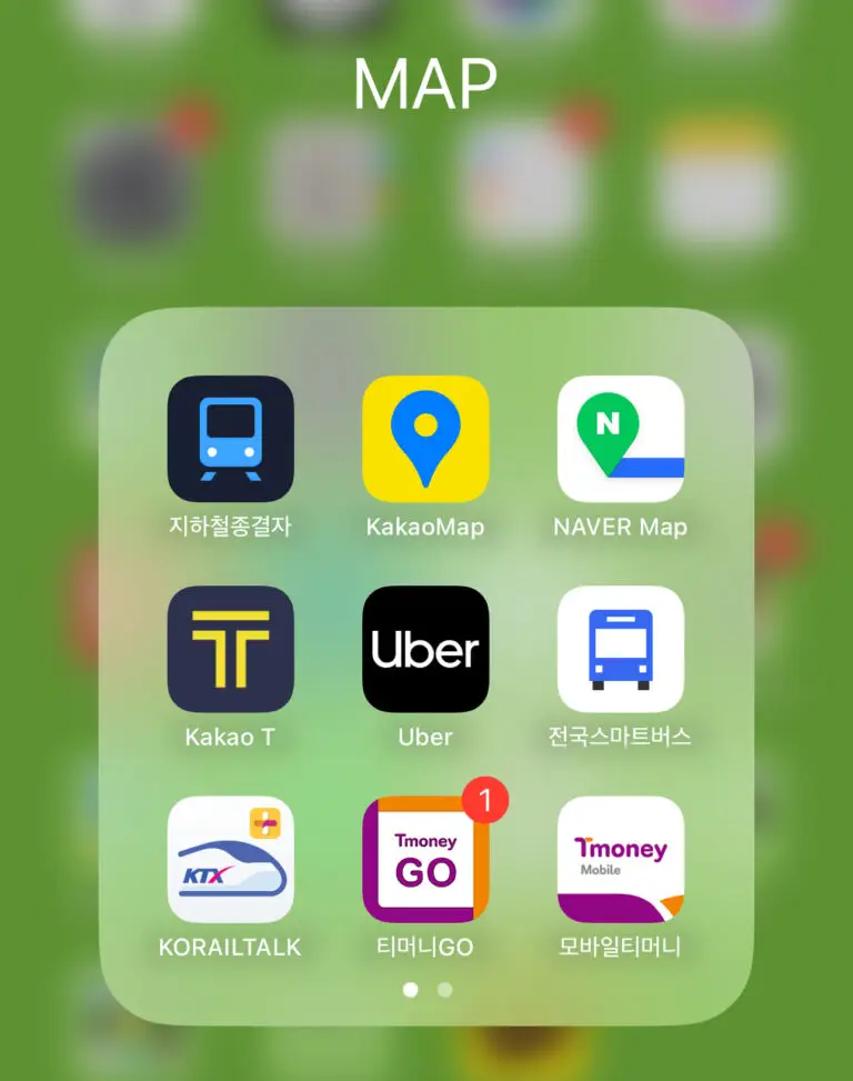 iPhone screen showing essential Seoul travel apps including KakaoMap, Naver Map, Kakao T and T-money