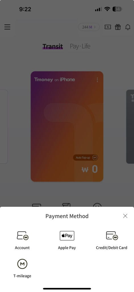 T-money iPhone top-up payment method screen Seoul Korea